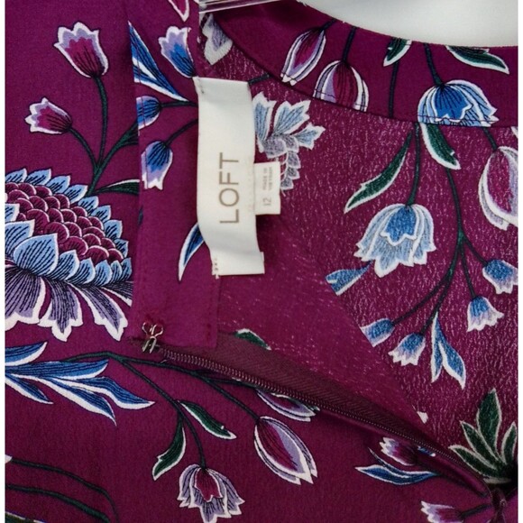 Loft Women's Ruffle Long Sleeve Midi Round Neck Floral Print Dress Size 12 - Picture 8 of 8